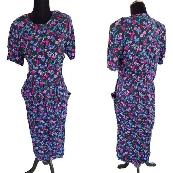 4 for $32 vintage 80s black and purple floral dress - Picture 1 of 5